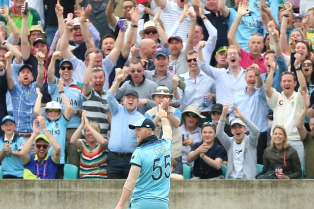 Spectators at The Oval rise to acclaim Ben Stokes after his stunning catch to dismiss South Africa's Andile Phehlukwayo. Picture Nigel French/PA