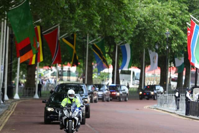 The motorcade of US President Donald Trump makes its way from Buckingham Palace to Westminster Abbey. Picture: Aaron Chown/PA Wire
