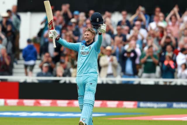 Joe Root celebrates his century at Trent Bridge yesterday but England fell 14 runs short of overhauling Pakistans total of 348. Picture: Getty