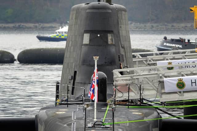 An astute-class submarine HMS Artful is pictured after officially becoming a commissioned warship of the Royal Navy at a ceremony at Faslane Naval Base. Picture: Andy Buchanan/Getty Images