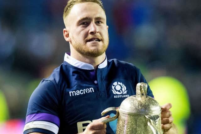 Hogg celebrates Scotland's victory over England at Murrayfield in last year's Calcutta Cup