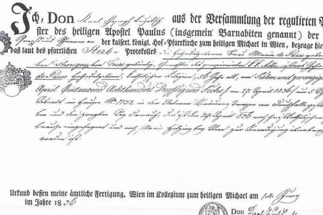The death certificate of Marie Victoire, Bonnie Prince Charlie's grand-daughter, which Peter Pininski unearthed.