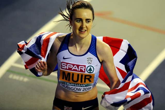 Laura Muir celebrates her 1500m win at the European Indoor Athletics Championships in Glasgow. Picture Michael Gillen