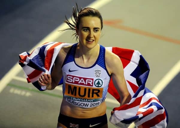 Laura Muir celebrates her 1500m win at the  European Indoor Athletics Championships in Glasgow. Picture Michael Gillen
