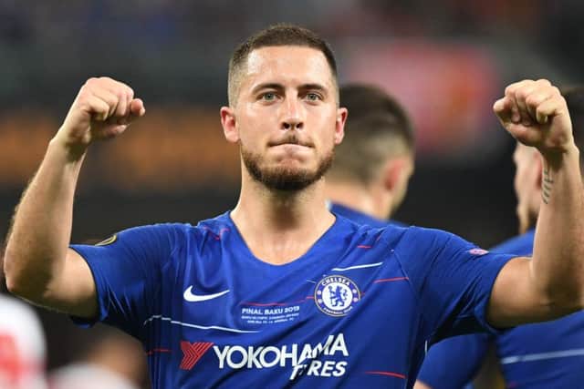 Eden Hazard celebrates after scoring during the Europa League final win over Arsenal last month, his final game for Chelsea. Picture: AFP/Getty