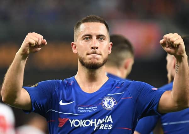 Eden Hazard celebrates after scoring during the Europa League final win over Arsenal last month, his final game for Chelsea. Picture: AFP/Getty
