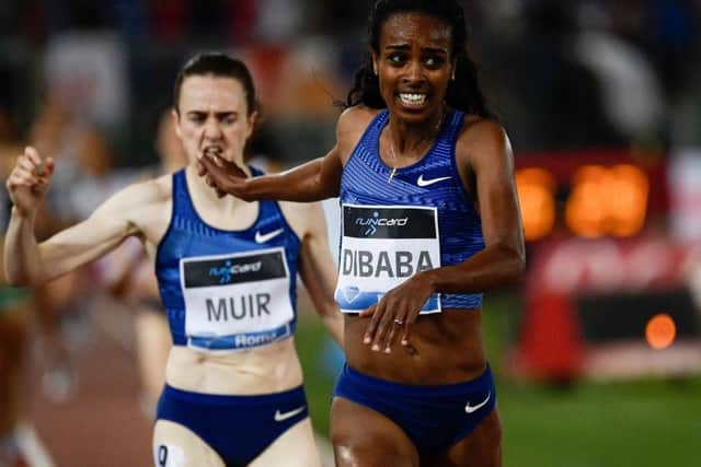 Ethiopias Genzebe Dibaba beats Laura Muir to the line in the 1500m at the Diamond League in Rome. Picture: Filippo Monteforte/AFP/Getty