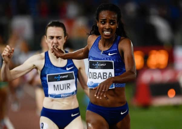 Ethiopias Genzebe Dibaba beats Laura Muir to the line in the 1500m at the Diamond League in Rome. Picture: Filippo Monteforte/AFP/Getty