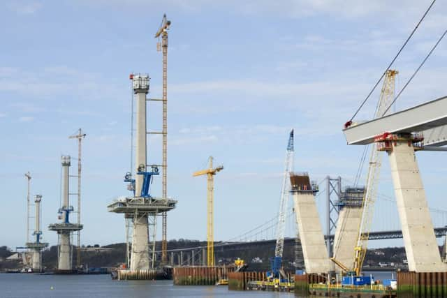 IR20150414. 14/04/15. TSPL shift,  New Bridge over the Firth of Forth. The new Queensferry Crossing under construction, view looking north from South Queensferry.    Picture Ian Rutherford


Â©Ian Rutherford 
ianrutherfordphotography@gmail.com
www.ianrutherfordphotography.com
07710337520