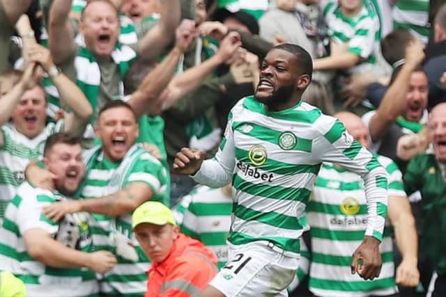 Olivier Ntcham celebrates scoring for Celtic against Old Firm rivals Rangers