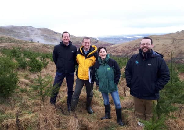 Stuart Goodall, CEO, Confor; Andrew Vaughan, District Manager, Tilhill Forestry; Mairi Gougeon MSP, Minister for Rural Affairs and the Natural Environment; Murray Cook, Archaeologist, Stirling Council