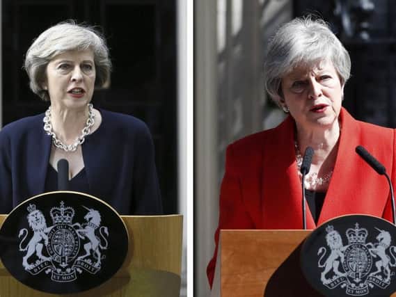 Theresa May on the day she became British prime minister speaking to the media outside 10 Downing Street in London on Wednesday, July 13, 2016, and at right, May speaking outside No. 10 on Friday, May 24, 2019 on the day she announced that she would quit.