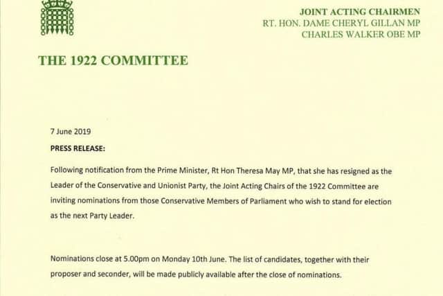 The Prime Minister formally resigned her party leadership in a letter to the 1922 Committee