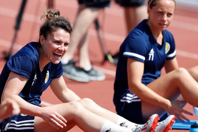 Scotland player Jo Love and team-mates train yesterday. Picture: Sebastien Nogier/Shutterstock