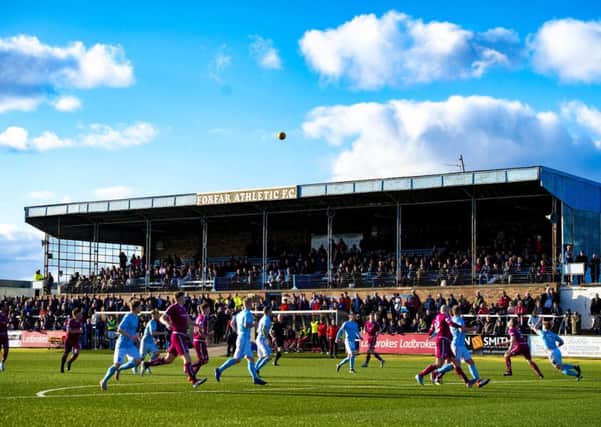 A general view of the main stand at Station Park, home of Forfar Athletic. Picture: SNS Group