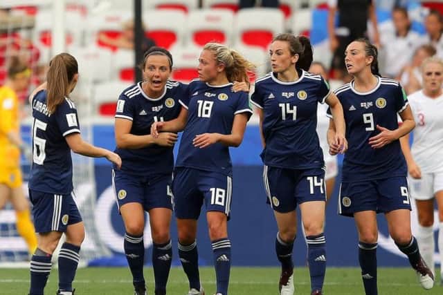 Scotland celebrate Claire Emslie's goal
