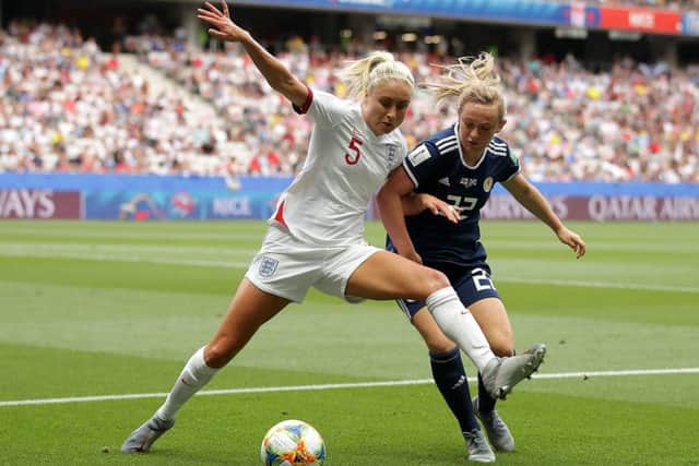 England captain Steph Houghton holds off Erin Cuthbert, while, inset, Kim Little waits to capitalise on any mistake made by Keira Walsh. Picture: Getty.