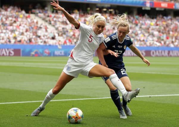England captain Steph Houghton holds off Erin Cuthbert, while, inset, Kim Little waits to capitalise on any mistake made by Keira Walsh. Picture: Getty.