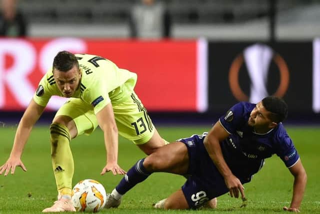 Dinamo's Amir Rrahmani attempts to shake off Anderlecht midfielder Zakaria Bakkali during a Europa League clash