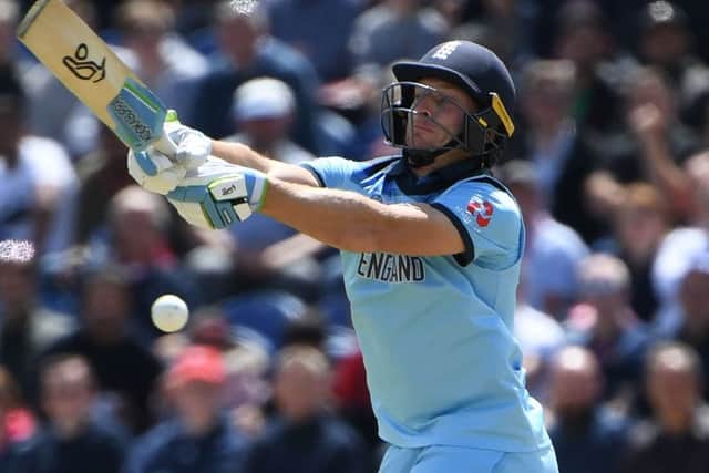 Jos Buttler plays a shot against Bangladesh, but sustained a hip injury during Englands 106-run victory on Saturday. Picture: AFP/Getty.