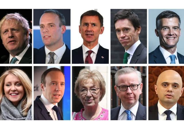 The ten contenders in the Conservative leadership race (top row, left to right) Boris Johnson, Dominic Raab, Jeremy Hunt, Rory Stewart and Mark Harper, (bottom row, left to right)  Esther McVey, Matt Hancock, Andrea Leadsom, Michael Gove, and Sajid Javid.