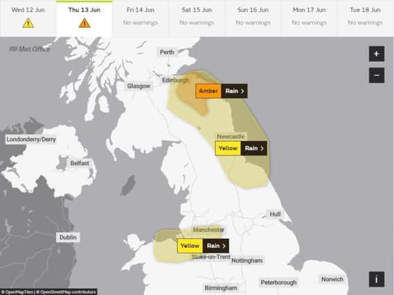 The amber warning will be in force from midnight to 3pm on Thursday. Picture: Met Office