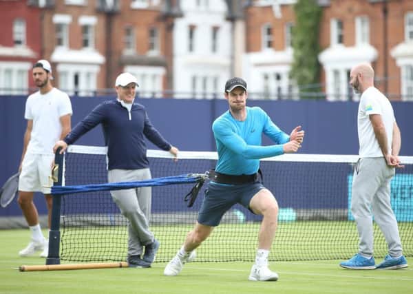 Andy Murray takes the strain during a practice session at Queen's Club 
as he steps up his comeback from hip surgery. Picture: Alex Morton/Getty Images for LTA