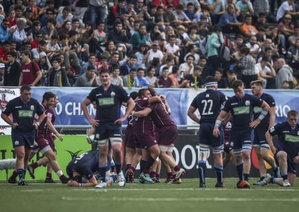 Georgia celebrate at full-time but defeat  for Scotland leaves them in the bottom four of the World U20 Championship. Picture: Marcelo Endelli/Getty