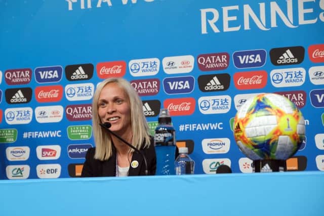 Scotland head coach Shelley Kerr talks to the press in Rennes. Picture: Lorraine Hill