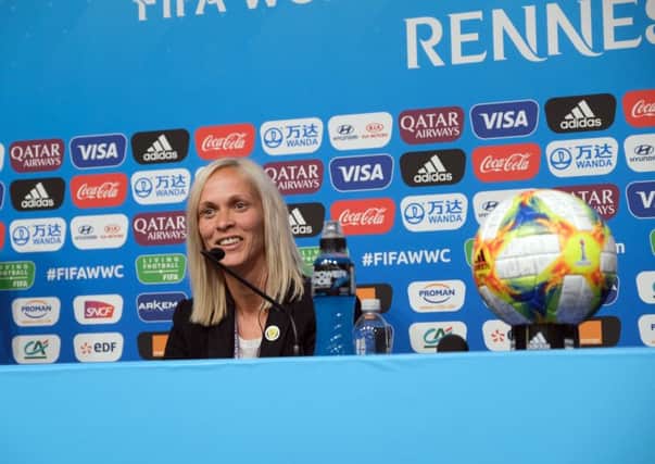 Scotland head coach Shelley Kerr talks to the press in Rennes. Picture: Lorraine Hill