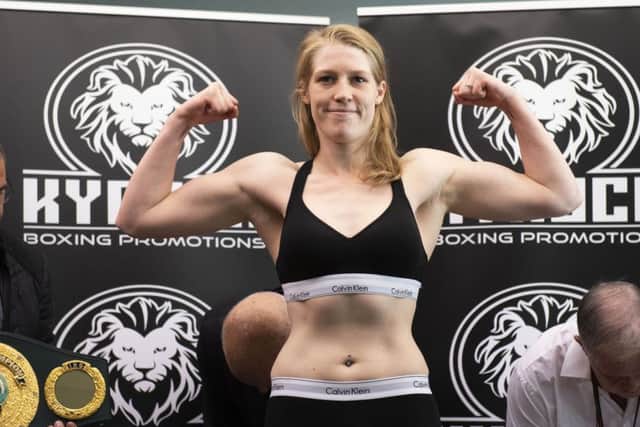 Hannah Rankin weighs in ahead of her IBO Super-Welterweight World Title fight with Sarah Curran. Picture: Craig Foy/SNS