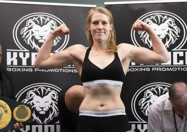 Hannah Rankin weighs in ahead of her IBO Super-Welterweight World Title fight with Sarah Curran. Picture: Craig Foy/SNS