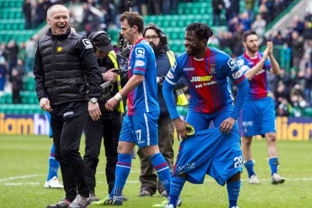 Inverness Caley Thistle manager John Hughes and Andrea Mbuyi-Mutombo celebrate their 2016 Scottish Cup draw at Easter Road. Picture: Craig Foy/SNS