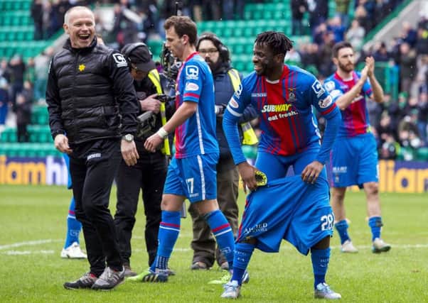 Inverness Caley Thistle manager John Hughes and Andrea Mbuyi-Mutombo celebrate their 2016 Scottish Cup draw at Easter Road. Picture: Craig Foy/SNS