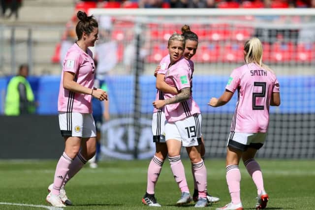 Scotland's Lana Clelland celebrates scoring against Japan. Picture: PA.