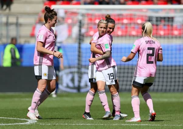 Scotland's Lana Clelland celebrates scoring against Japan. Picture: PA.