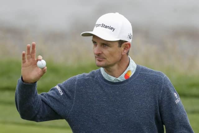 Justin Rose acknowledges the crowd during the third round of the 119th US Open at Pebble Beach. Picture: AP