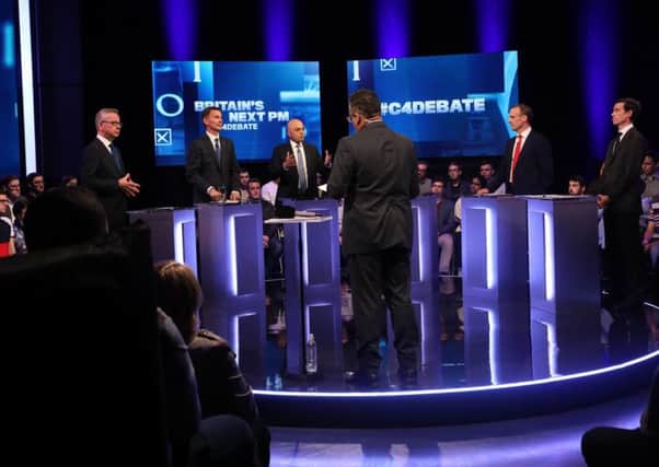 (left to right) Michael Gove, Jeremy Hunt, Sajid Javid, Dominic Raab and Rory Stewart during the live television debate on Channel 4. Picture: PA
