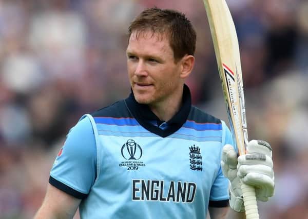 England captain Eoin Morgan acknowledges the crowd after his stunning innings at Old Trafford. Picture: Dibyangshu Sarkar/AFP/Getty