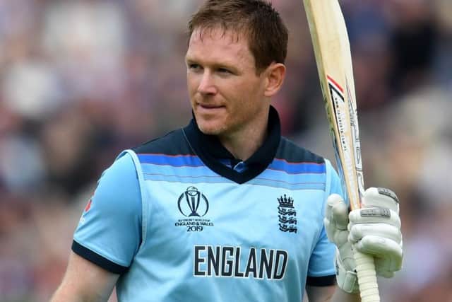 England captain Eoin Morgan acknowledges the crowd after his stunning innings at Old Trafford. Picture: Dibyangshu Sarkar/AFP/Getty