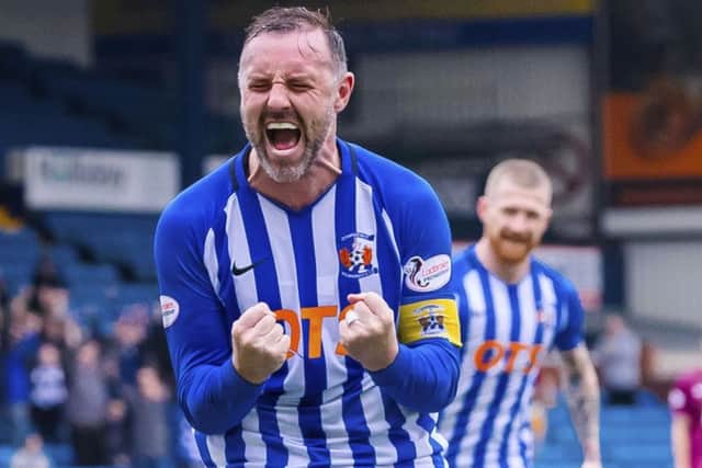 Kris Boyd celebrates the final goal of his career, in Kilmarnocks 2-0 win over St Johnstone in April. Picture: SNS.