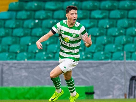 Mikey Johnston celebrates a goal for Celtic