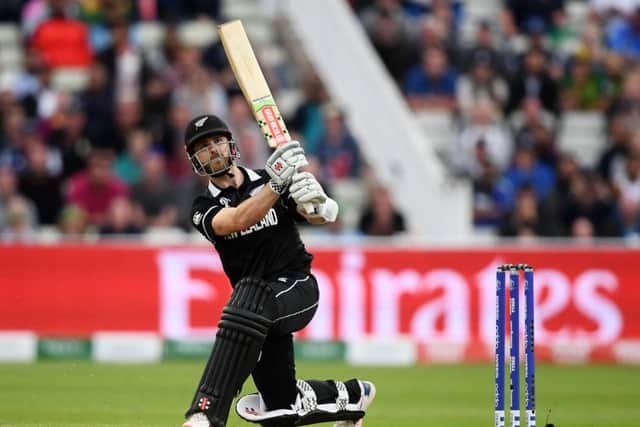 Kane Williamson hits the six which took him to a hundred and New Zealand to the brink of victory. Picture: Alex Davidson/Getty