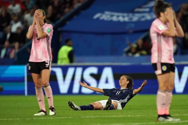 Argentina's forward Florencia Bonsegundo celebrates and it's agony for the Scots. Picture: Lionel Bonaventure/ AFP/Getty Images