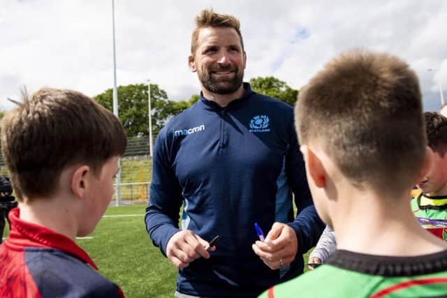 John Barclay meets young fans at Scotland's training camp in Inverness earlier this week. Picture: Craig Williamson/SNS/SRU