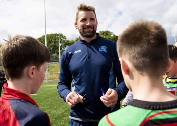 John Barclay meets young fans at Scotland's training camp in Inverness earlier this week. Picture: Craig Williamson/SNS/SRU