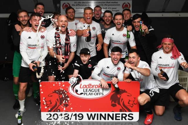 Clyde celebrate winning promotion to League One via the play-offs