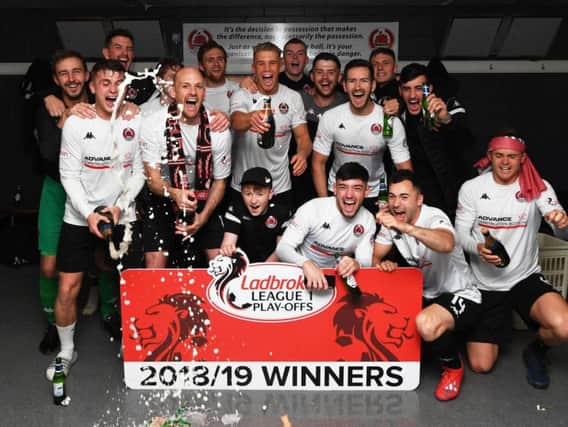 Clyde celebrate winning promotion to League One via the play-offs