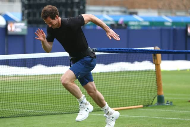 Andy Murray at full stretch during training ahead of his doubles match at Eastbourne. Picture: Getty (for LTA).