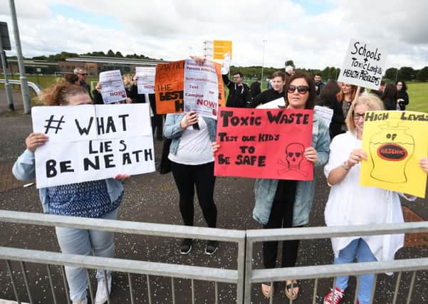 Protestors at one of the schools. Picture: John Devlin